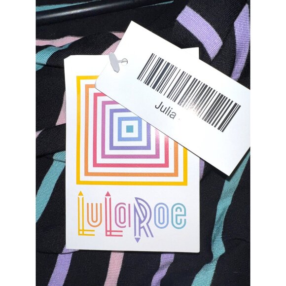 LuLaRoe Julia Striped Dress Large Black Multicolor Short Sleeve Stretchy Knit - Picture 5 of 5